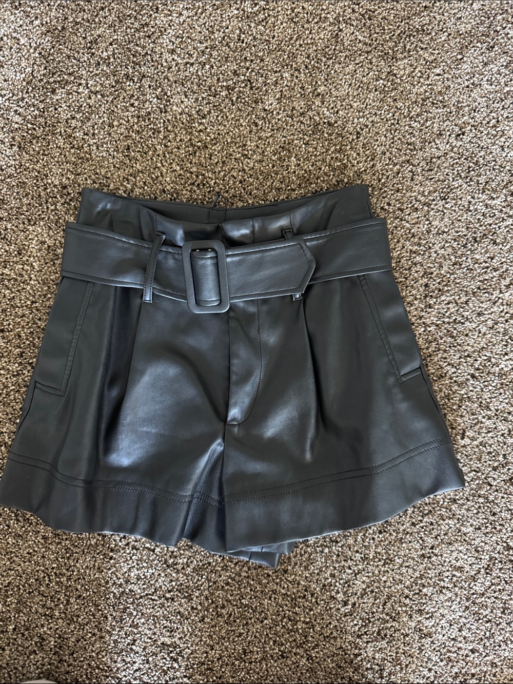ZARA TRF High-Waist Faux Leather Belted Shorts - Black